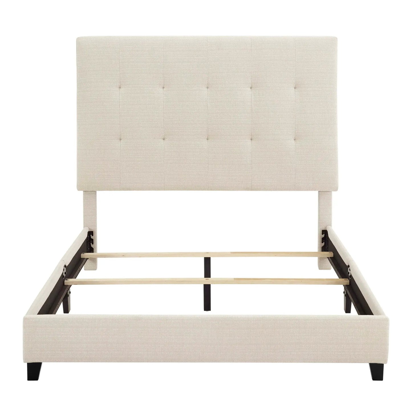 Tufted Upholstered Headboard Platform Bed in beige fabric with square tufting and dark legs on Tampa Home & Garden Store