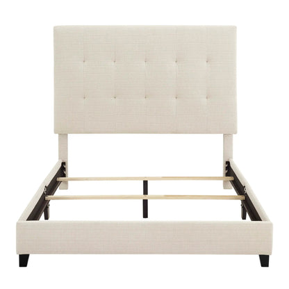 Tufted Upholstered Headboard Platform Bed in beige fabric with square tufting and dark legs on Tampa Home & Garden Store