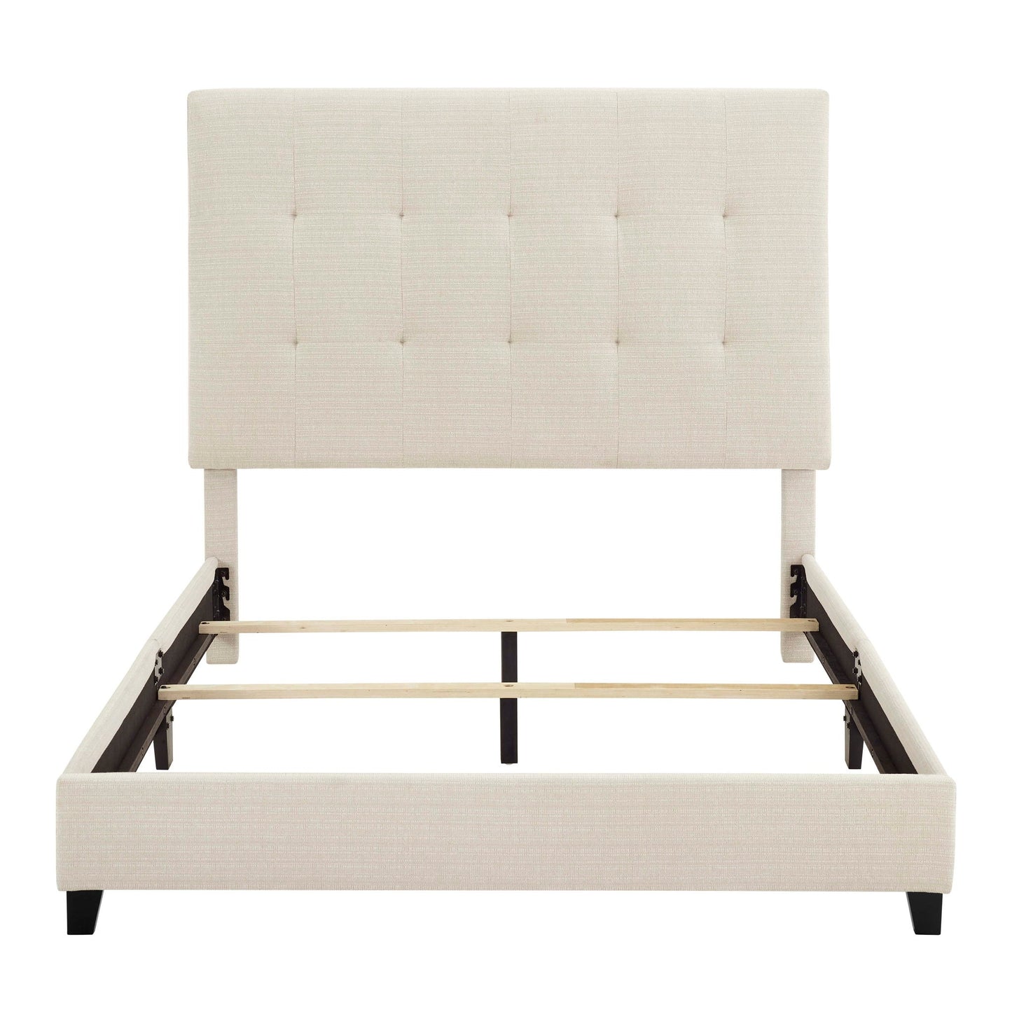Tufted Upholstered Headboard Platform Bed beige fabric with square tufting and black legs on Tampa Home & Garden Store