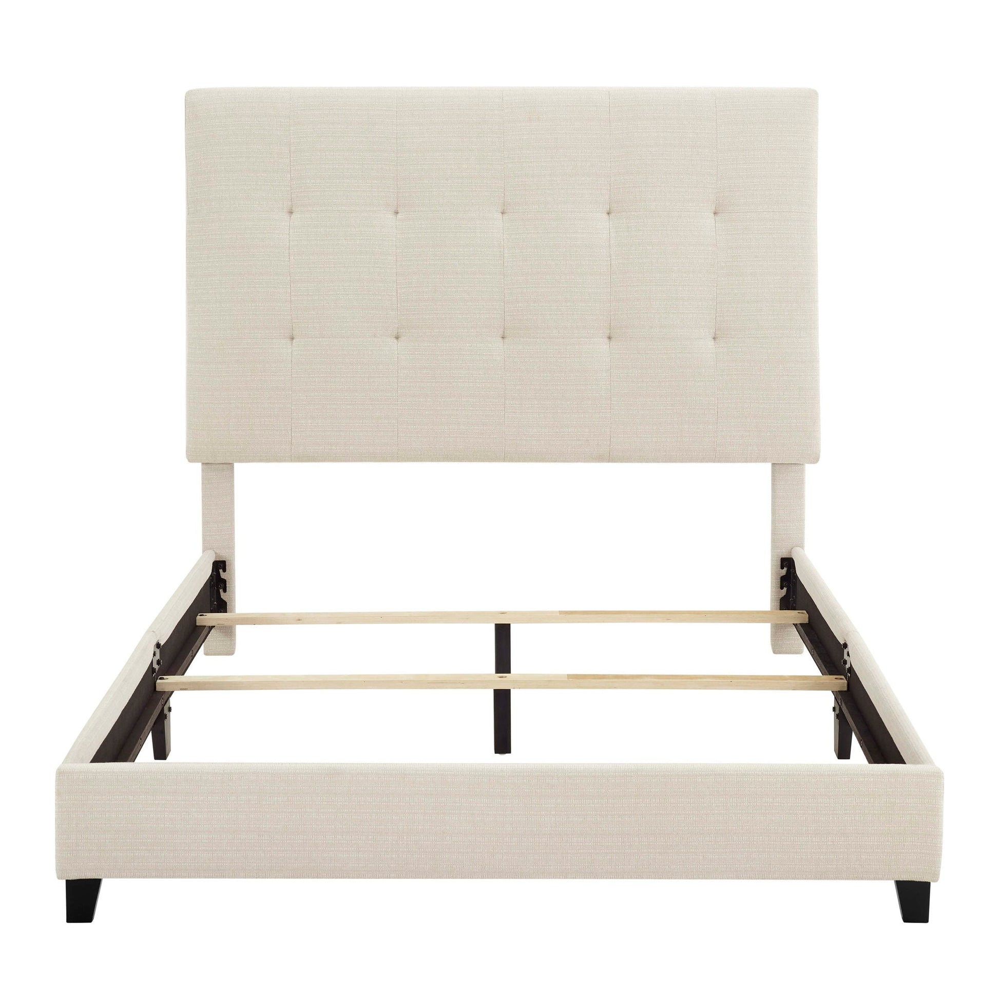 Tufted Upholstered Headboard Platform Bed beige fabric with square tufting and black legs on Tampa Home & Garden Store