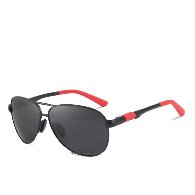 Stevvex aviator sunglasses with polarized lenses, black aluminum frame, red temple tips on Tampa Home & Garden Store