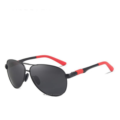 Stevvex aviator sunglasses with polarized lenses, black aluminum frame, red temple tips on Tampa Home & Garden Store