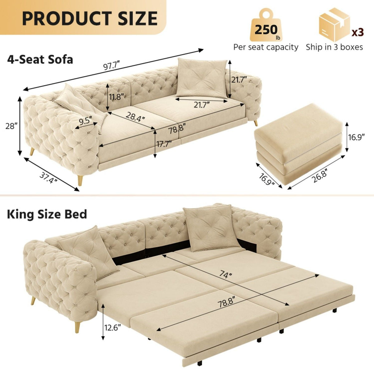 3-in-1 Convertible Sleeper Sofa apricot tufted with movable ottoman 4-seat HouseOfZazla on Tampa Home & Garden Store