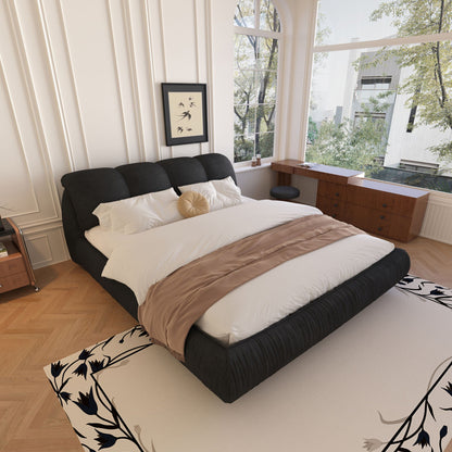 Luxury upholstered platform bed with padded backrest and solid wood frame in gray fabric on Tampa Home & Garden Store