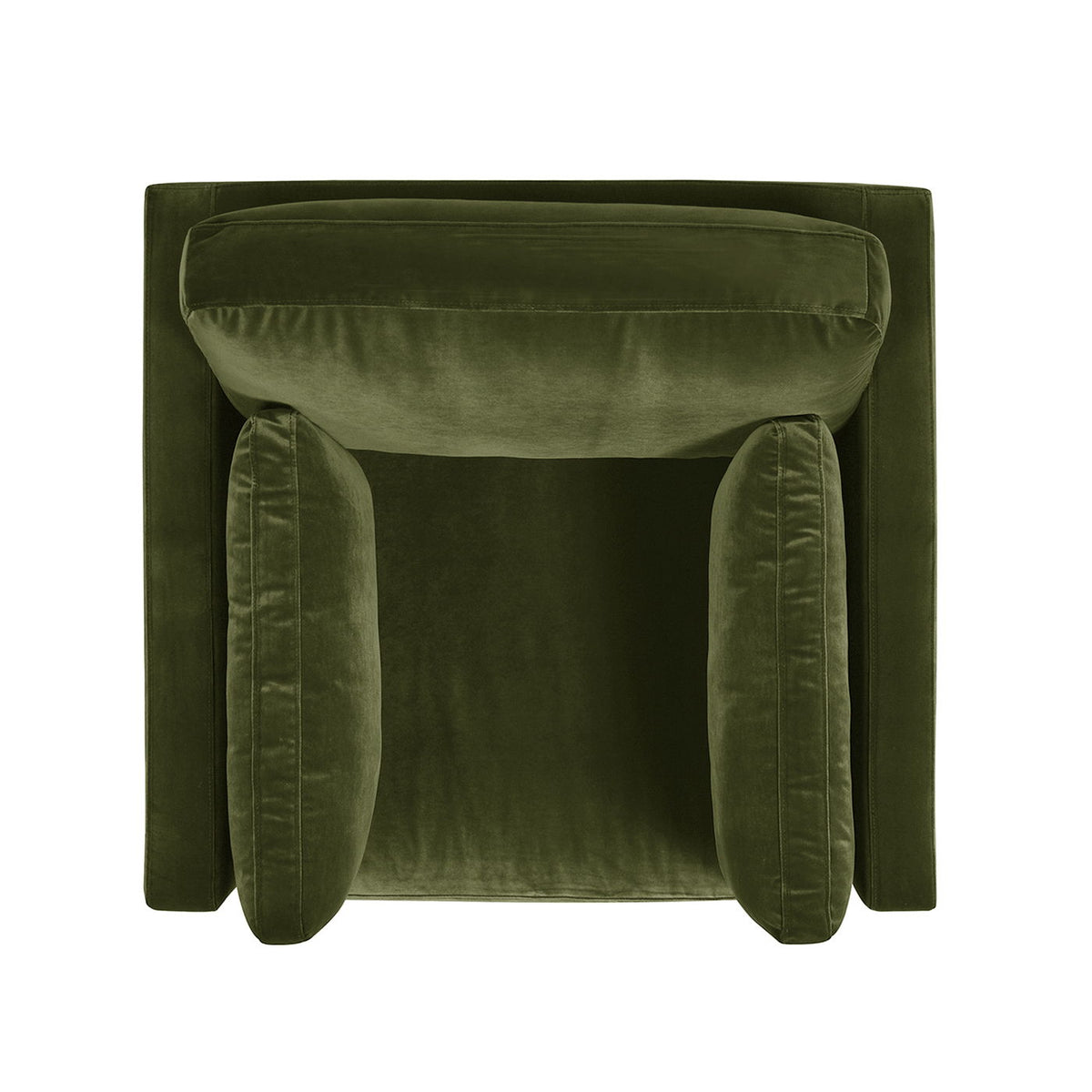 Arm chair in olive green velvet with plush reversible cushions, modern farmhouse style on Tampa Home & Garden Store