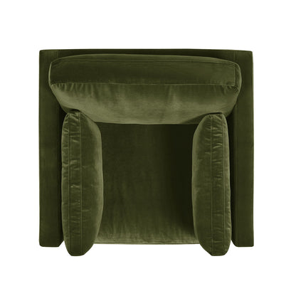 Arm chair in olive green velvet with plush reversible cushions, modern farmhouse style on Tampa Home & Garden Store
