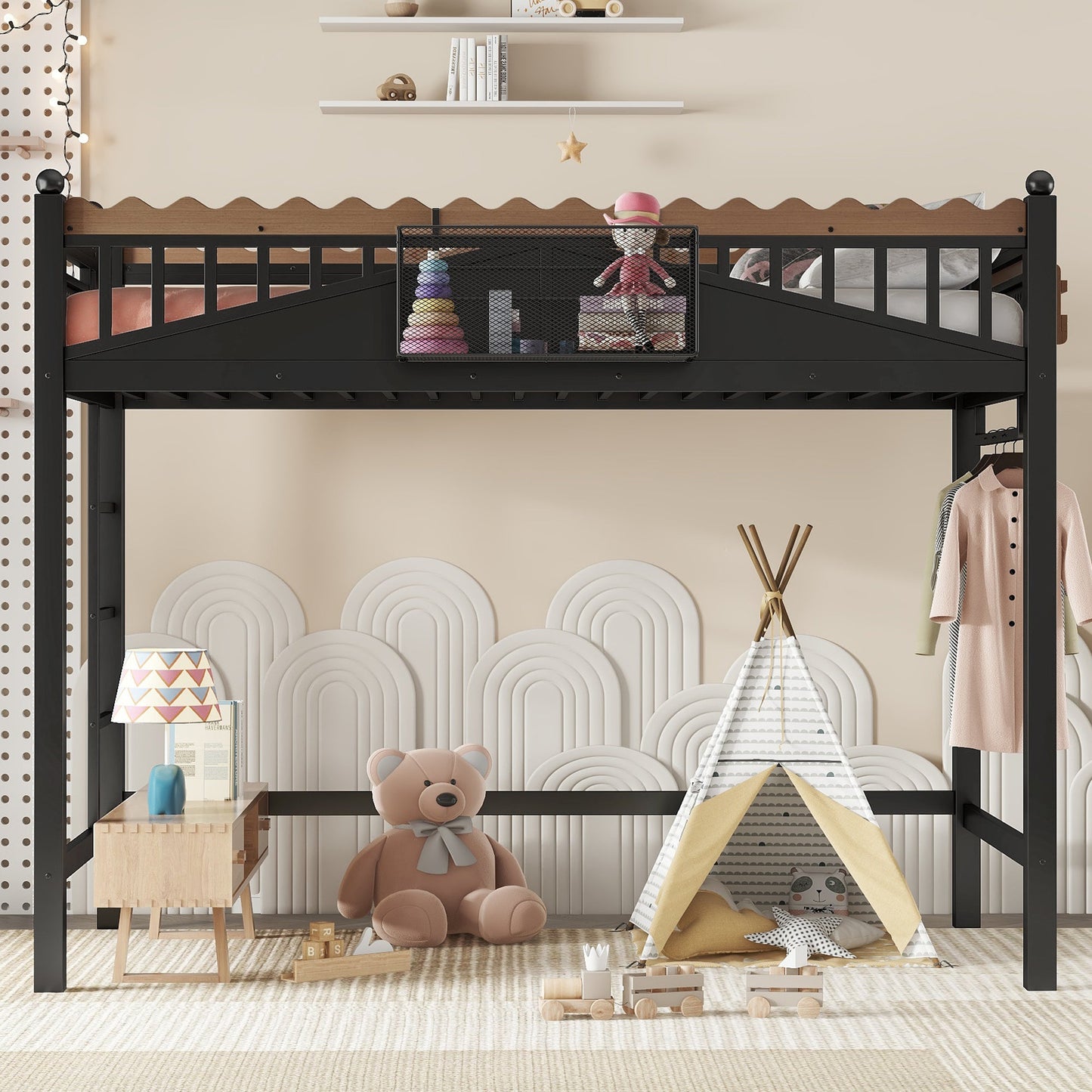 Twin XL Loft Bed with Ladders and Storage Shelves in black frame with wood guard by HouseOfZazla on Tampa Home & Garden Store