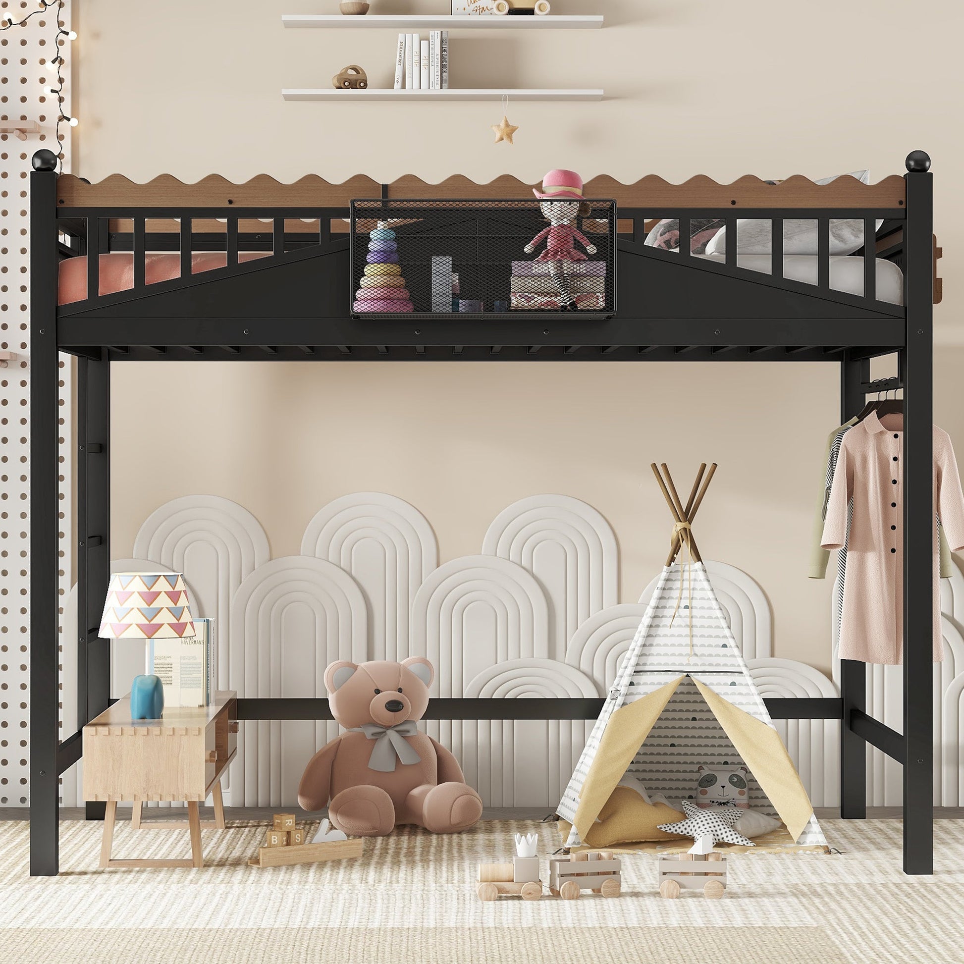 Twin XL Loft Bed with Ladders and Storage Shelves in black frame with wood guard by HouseOfZazla on Tampa Home & Garden Store