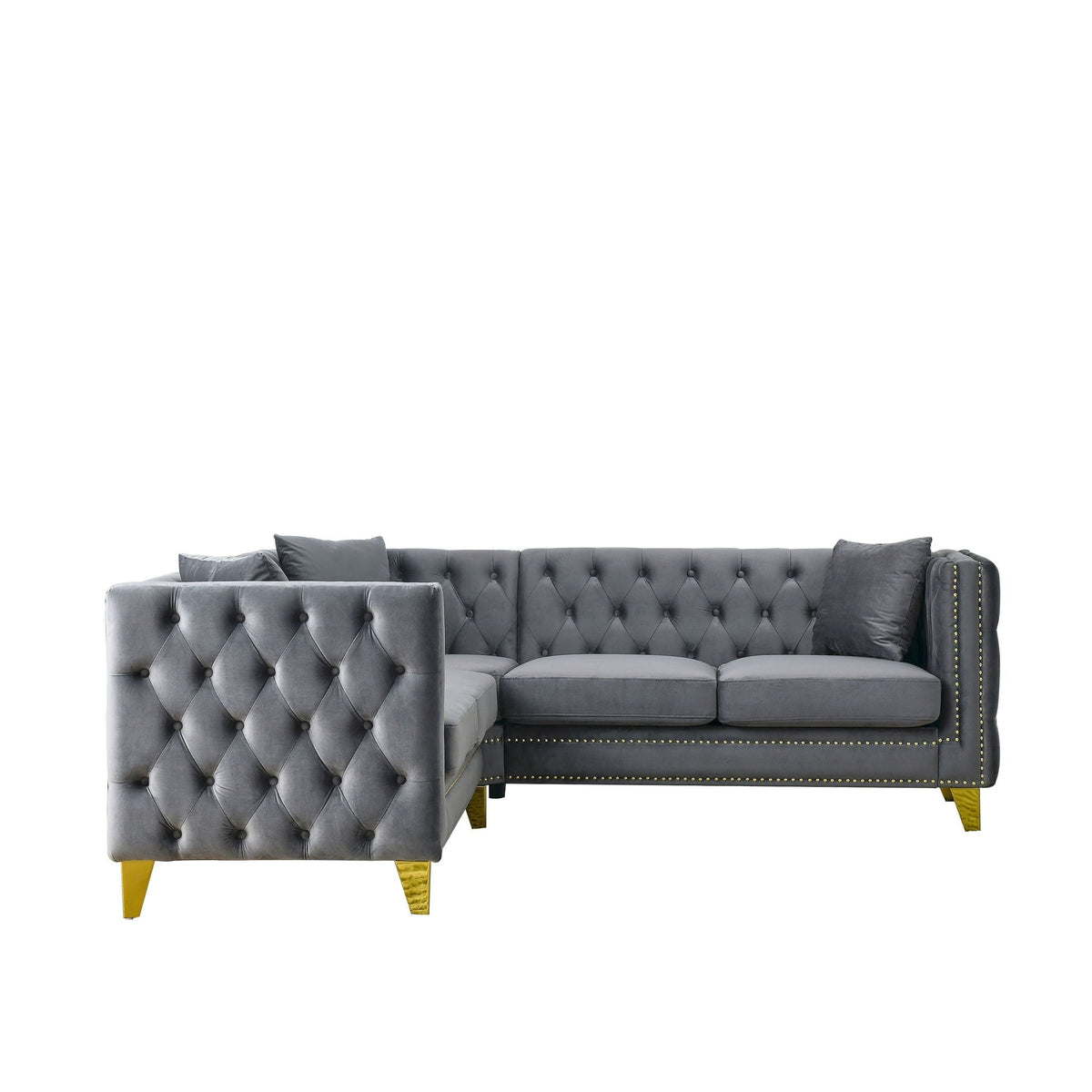 L-shaped corner sofa 5-seat sectional in gray tufted velvet with gold legs on Tampa Home & Garden Store