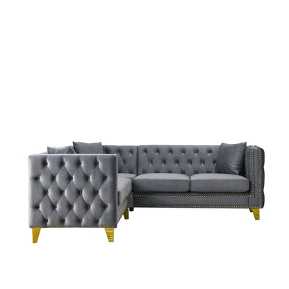 L-shaped corner sofa 5-seat sectional in gray tufted velvet with gold legs on Tampa Home & Garden Store
