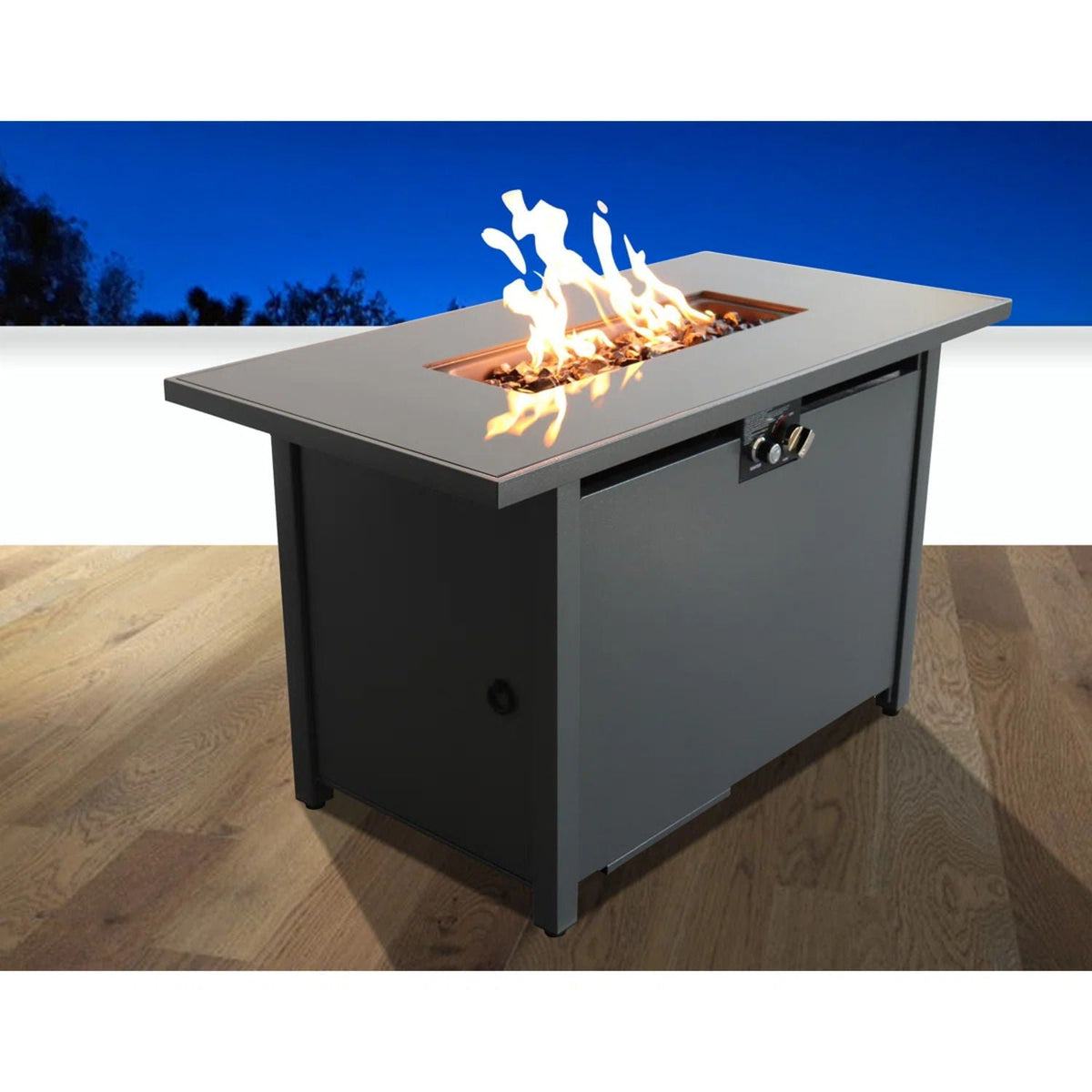 Rectangular Fire Pit With Frame Elegant Design by HouseOfZazla; gray metal frame, copper burner bed with flames on Tampa Home & Garden Store