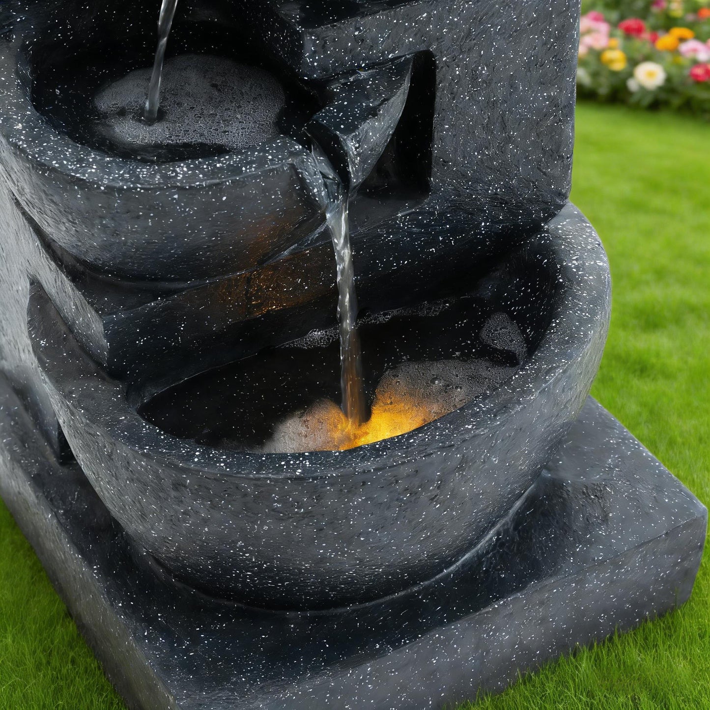 29-Inch terrazzo LED fountain, black speckled stone with flowing water, outdoor decor on Tampa Home & Garden Store