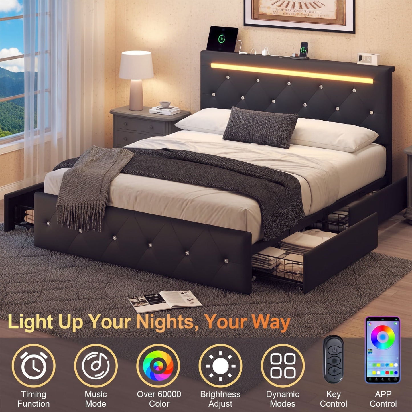 Upholstered Bed Frame with LED Lights Storage