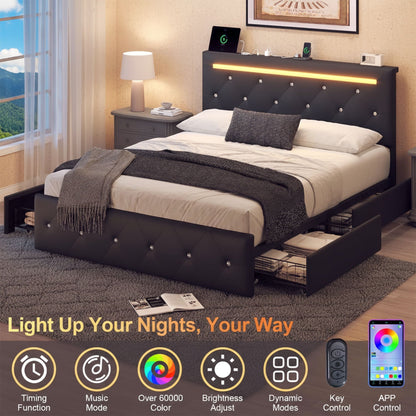 Upholstered Bed Frame with LED Lights Storage