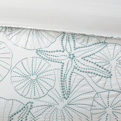 Comforter Set White King by HouseOfZazla with teal embroidered sea-star motif on white quilted fabric on Tampa Home & Garden Store