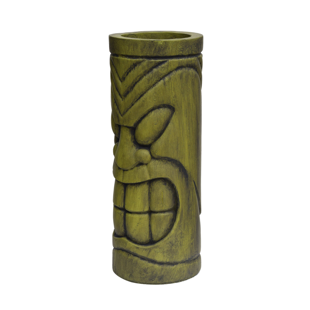 Stone statue urn planter by HouseOfZazla, antique green finish with carved leaf patterns on Tampa Home & Garden Store