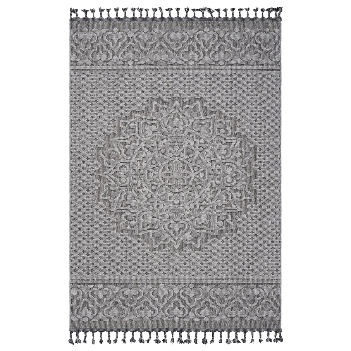Guros area rug gray with ornate medallion motif and tassel fringe stain resistant weave on Tampa Home & Garden Store