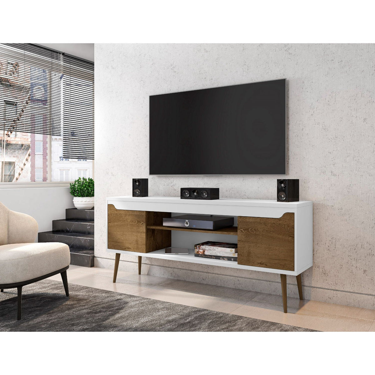 Mid-Century Modern TV Stand by HouseOfZazla, white with natural wood drawers and splayed legs on Tampa Home & Garden Store