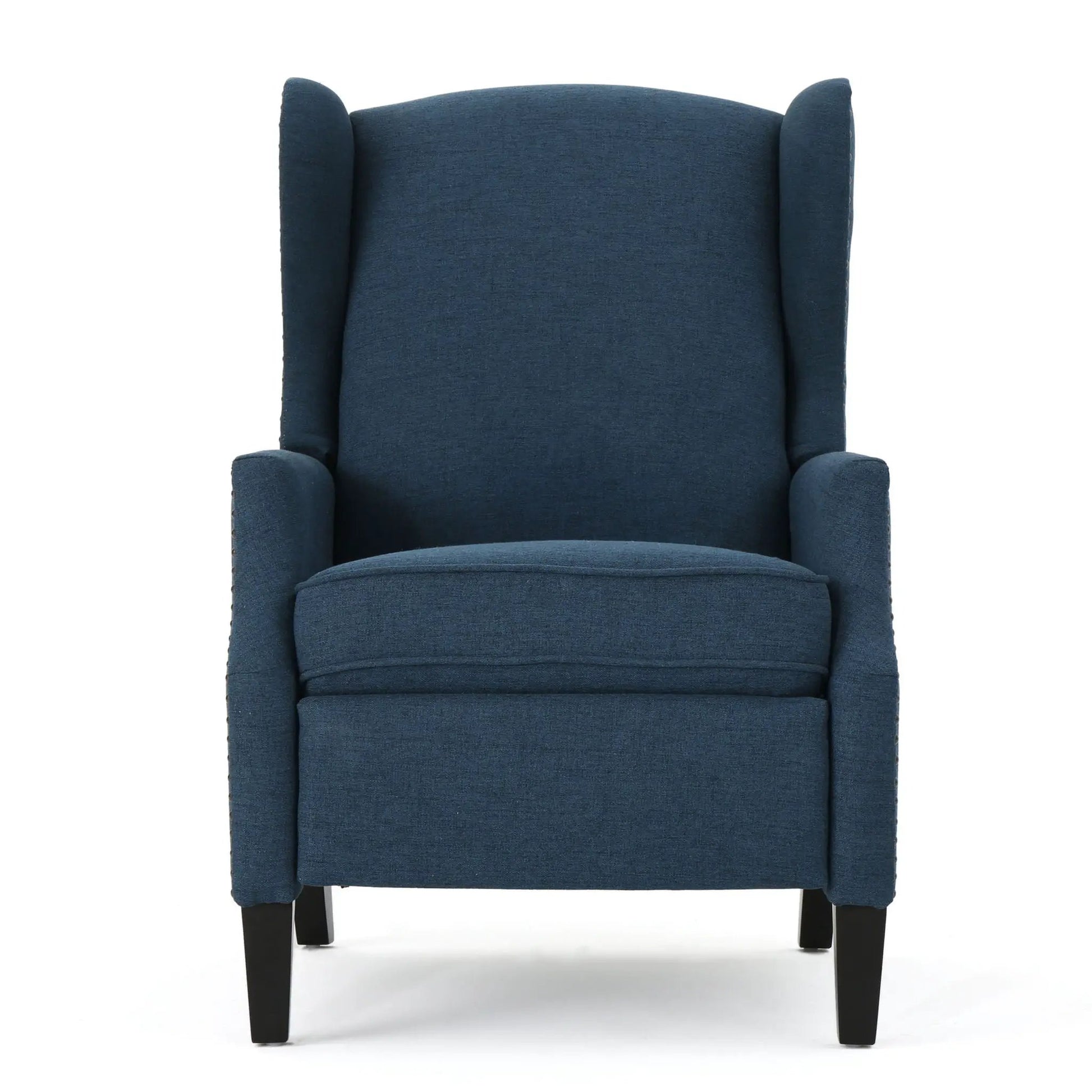 Westeros Wing Back Fabric Upholstered Recliner in blue fabric with black wood legs on Tampa Home & Garden Store