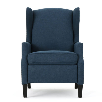 Westeros Wing Back Fabric Upholstered Recliner in blue fabric with black wood legs on Tampa Home & Garden Store