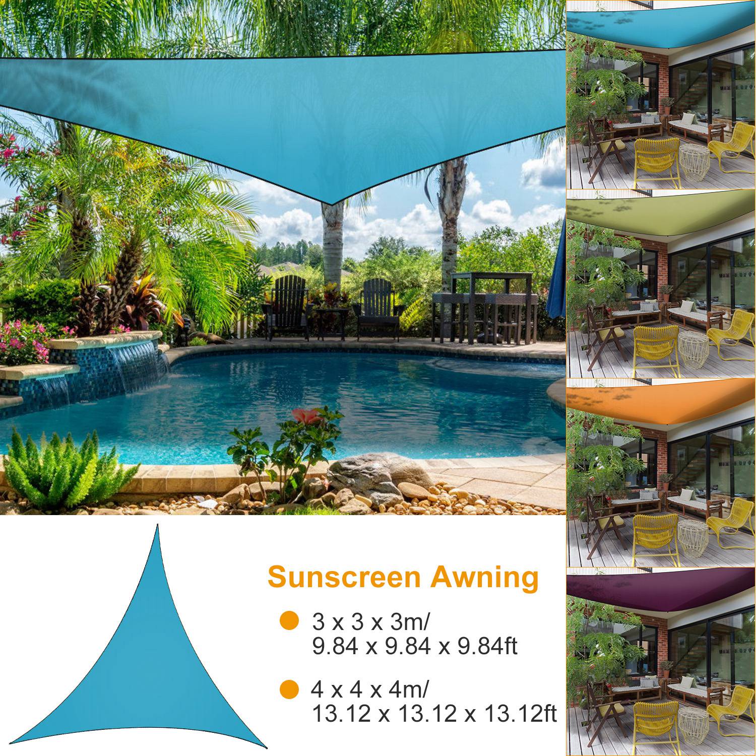 Shade sail blue triangle canopy by GemGear over a poolside garden setup on Tampa Home & Garden Store