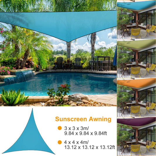 Shade sail blue triangle canopy by GemGear over a poolside garden setup on Tampa Home & Garden Store