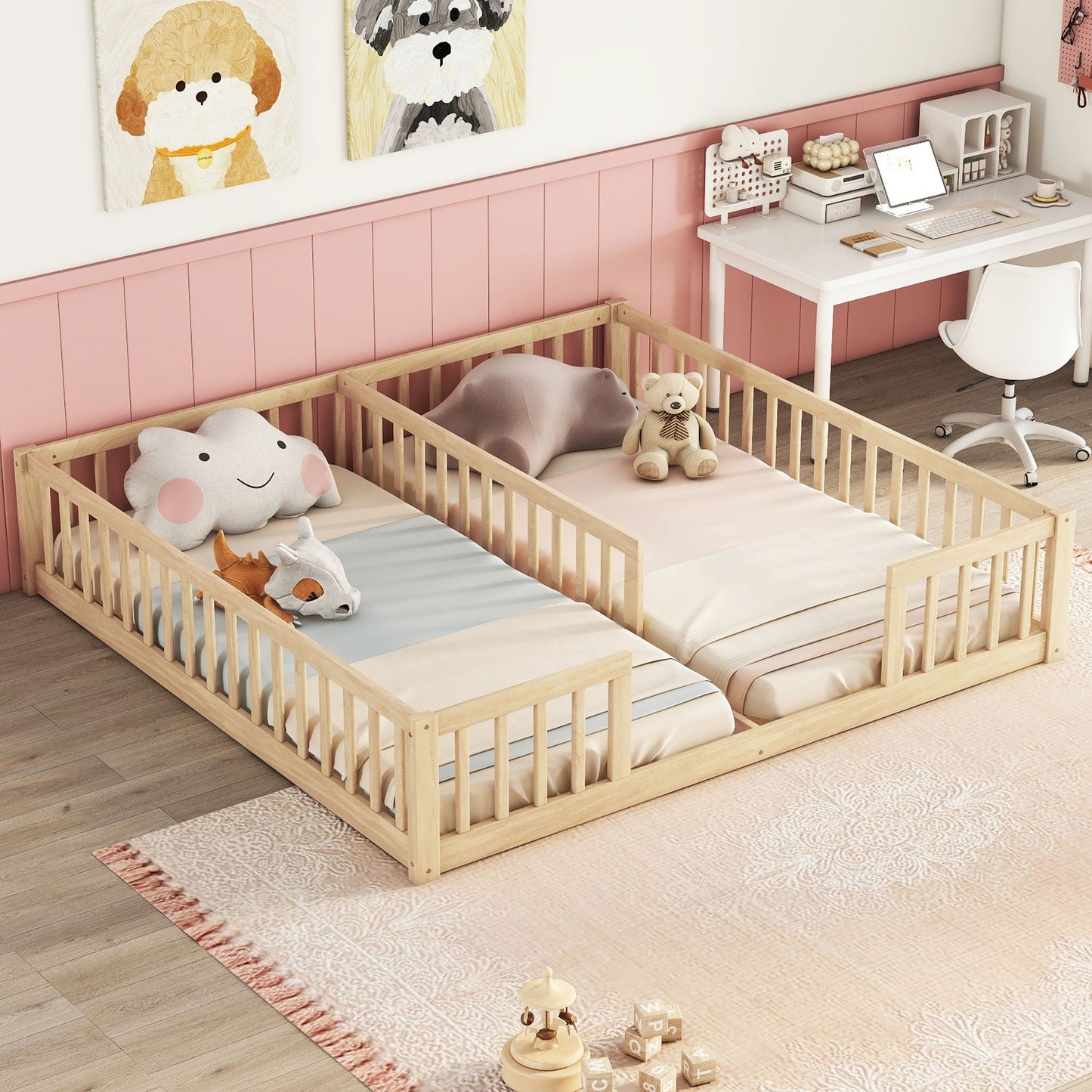 Solid Double Floor Bed With Guardrails and Fence
