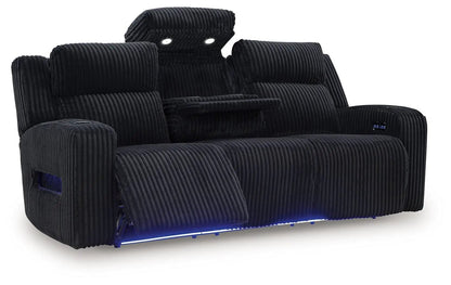 Forest Lake black corduroy power reclining sofa with adjustable headrests, blue LED glow on Tampa Home & Garden Store