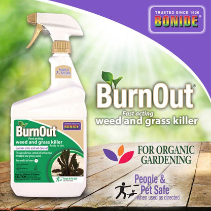 Bonide BurnOut weed killer spray bottle with beige trigger and green label on wood deck on Tampa Home & Garden Store