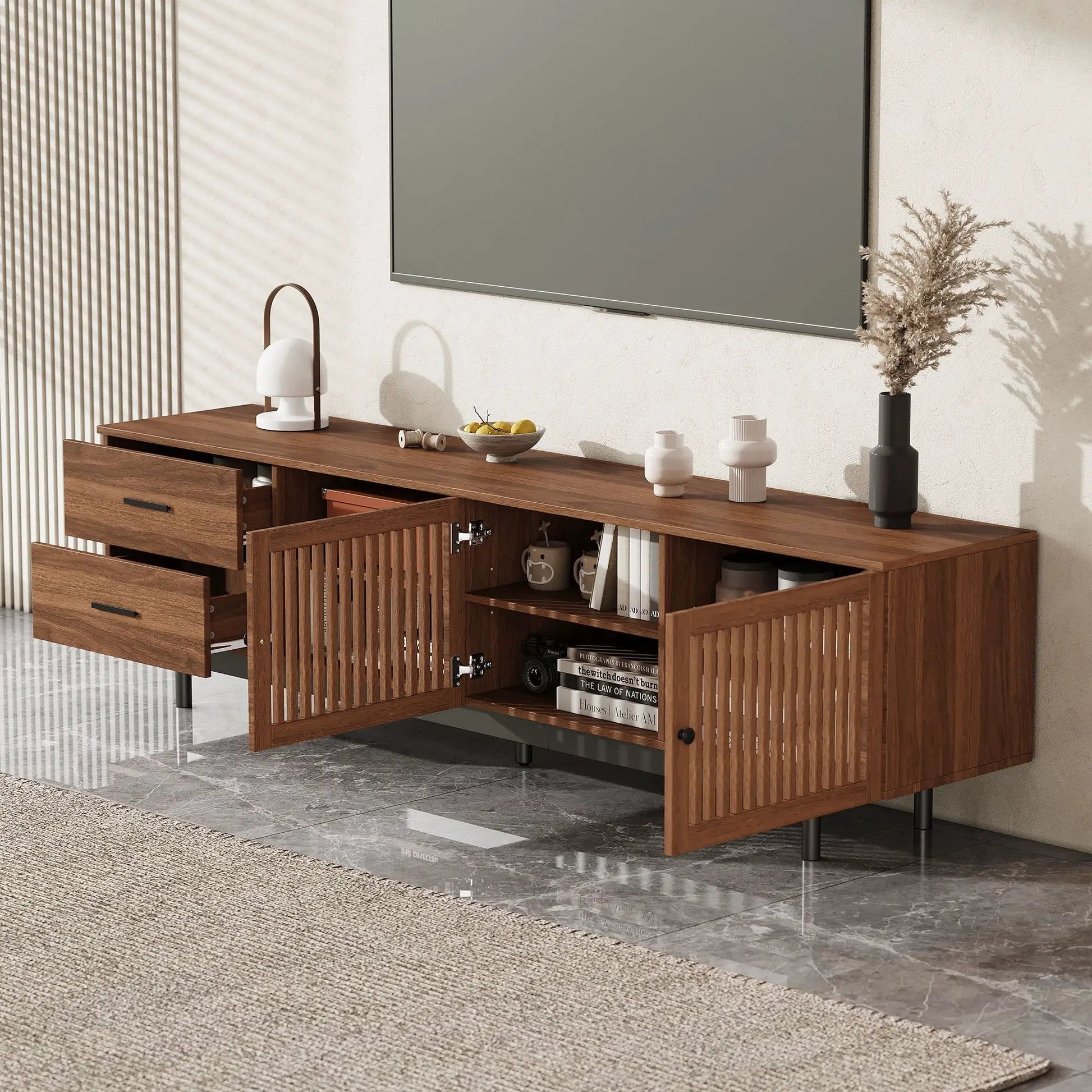 Walnut TV stand with deep drawers and slatted doors, open shelf storage on Tampa Home & Garden Store