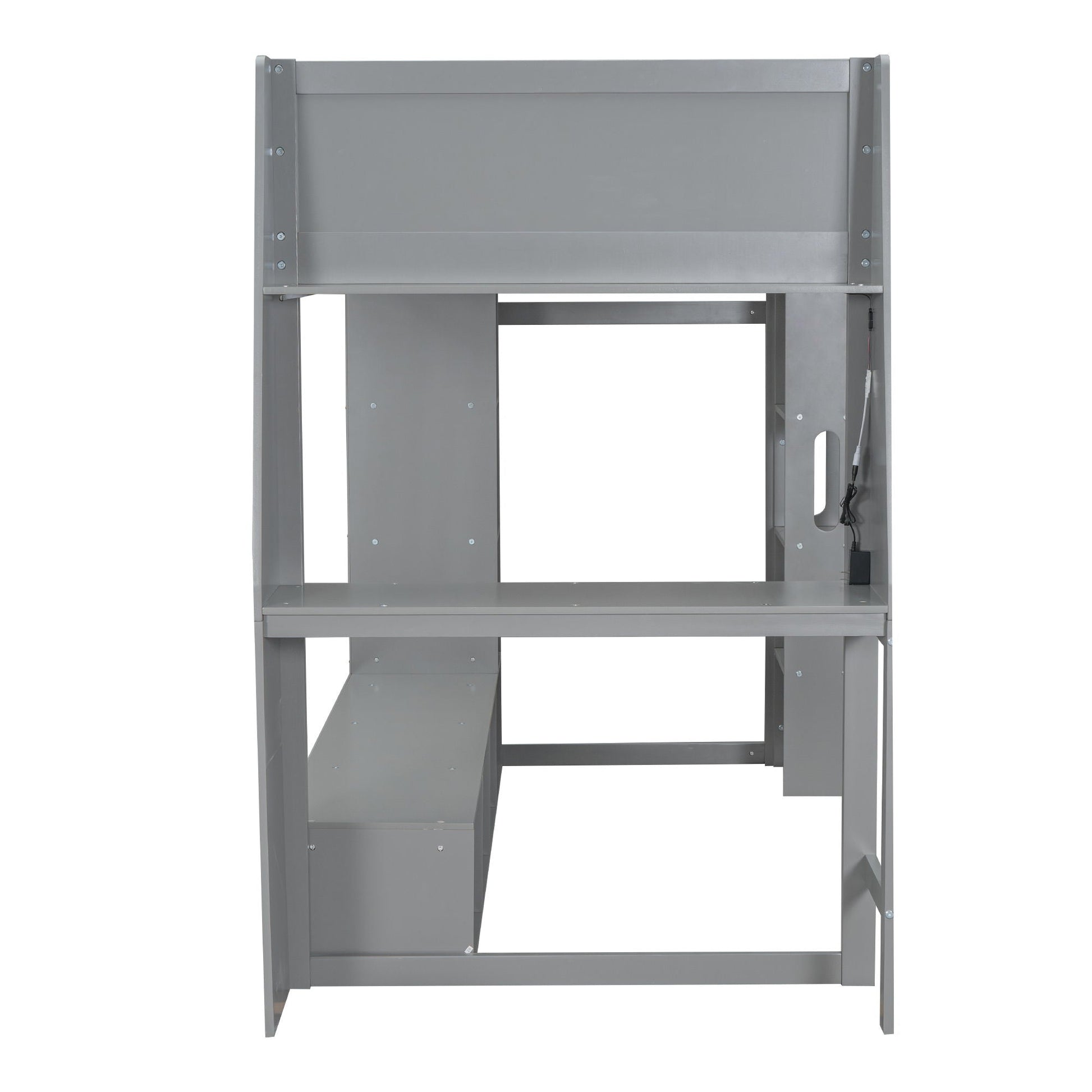 Gaming loft bed with desk and gray metal frame featuring open storage shelves on Tampa Home & Garden Store