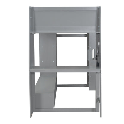Gaming loft bed with desk and gray metal frame featuring open storage shelves on Tampa Home & Garden Store