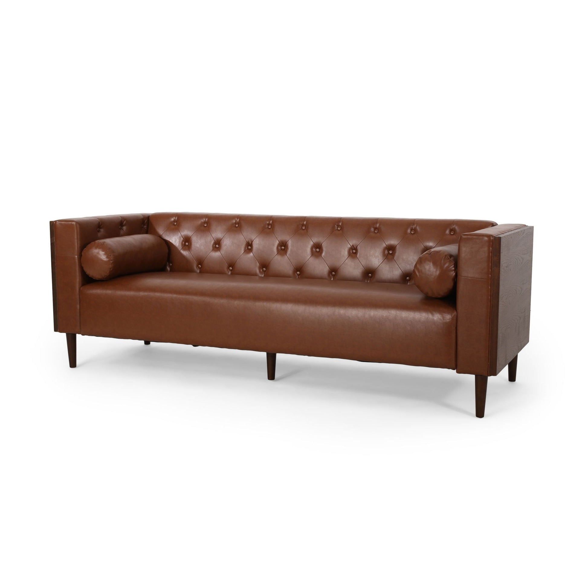 Contemporary 3-Seater leather sofa with tufted brown back; stationary with tapered legs on Tampa Home & Garden Store