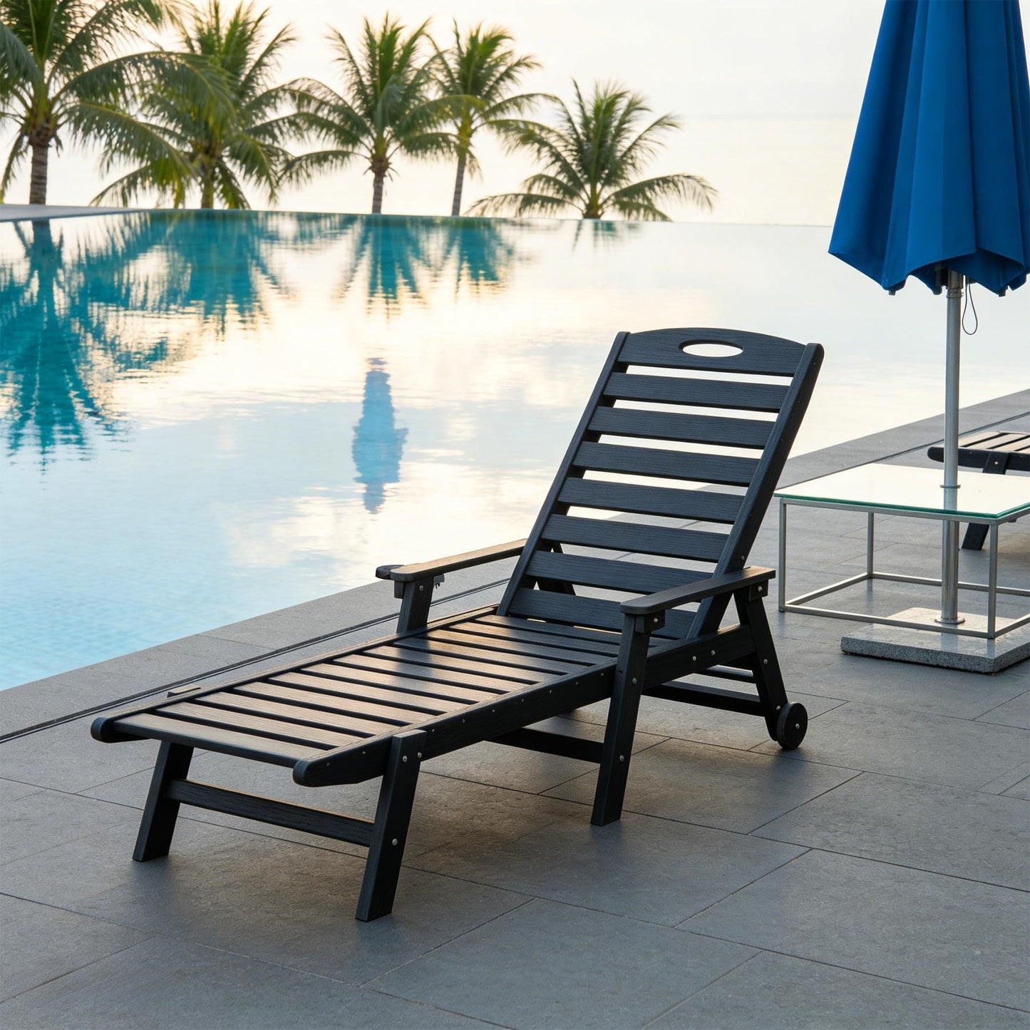 Patio Lounge Chair with Reclining Backrest by HouseOfZazla, black slatted chaise lounge on Tampa Home & Garden Store