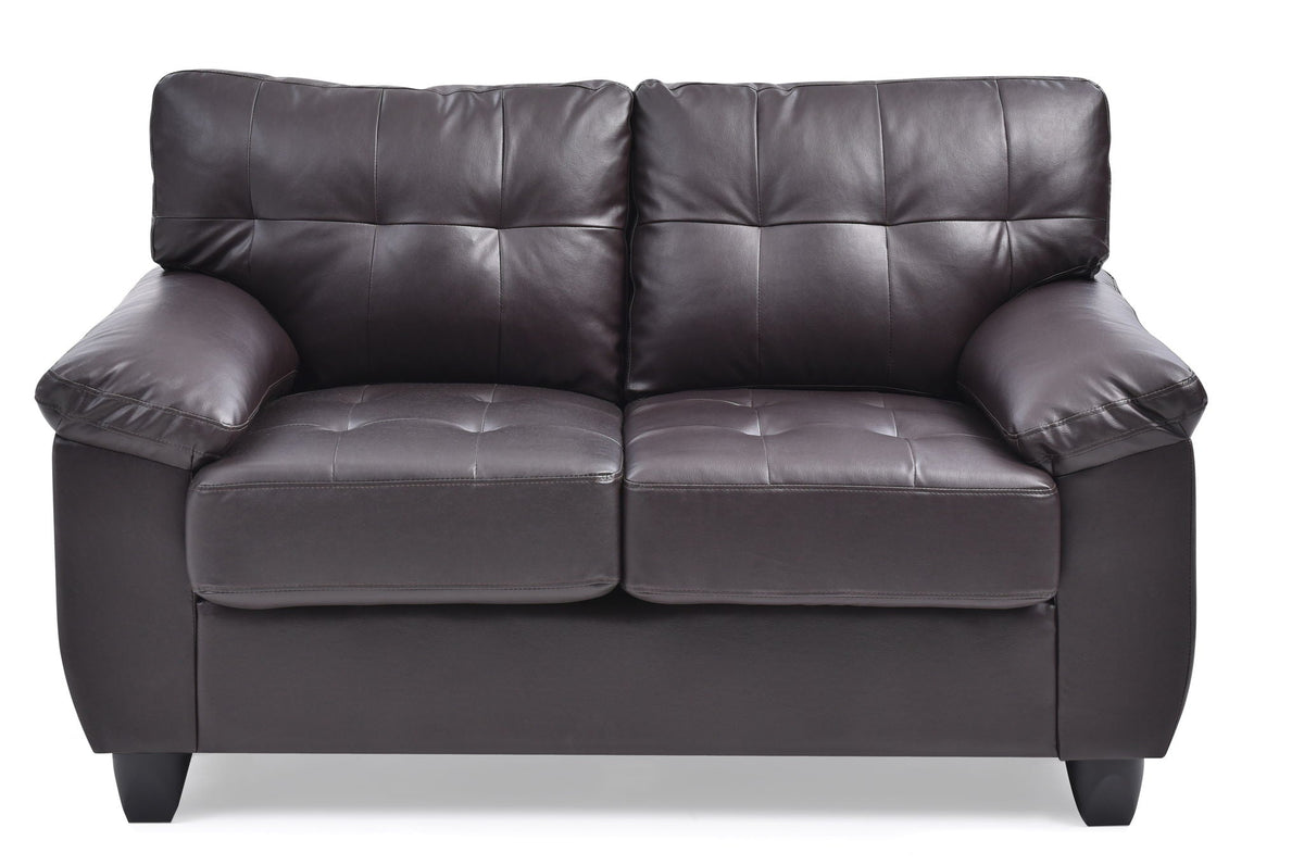 Gallant dark brown leather loveseat with square-stitched back cushions, padded arms, hardwood frame on Tampa Home & Garden Store