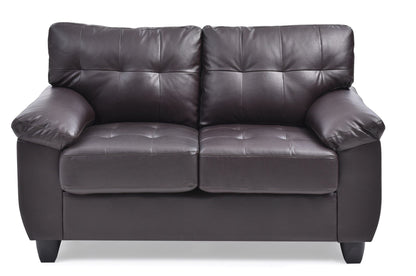 Gallant dark brown leather loveseat with square-stitched back cushions, padded arms, hardwood frame on Tampa Home & Garden Store