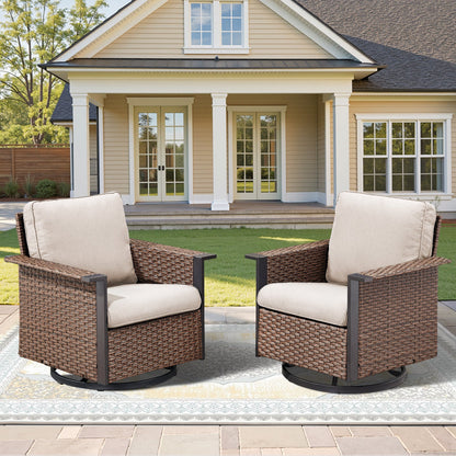Outdoor Swivel Rocking Chairs by HouseOfZazla, brown wicker with beige cushions, set of 2 on Tampa Home & Garden Store
