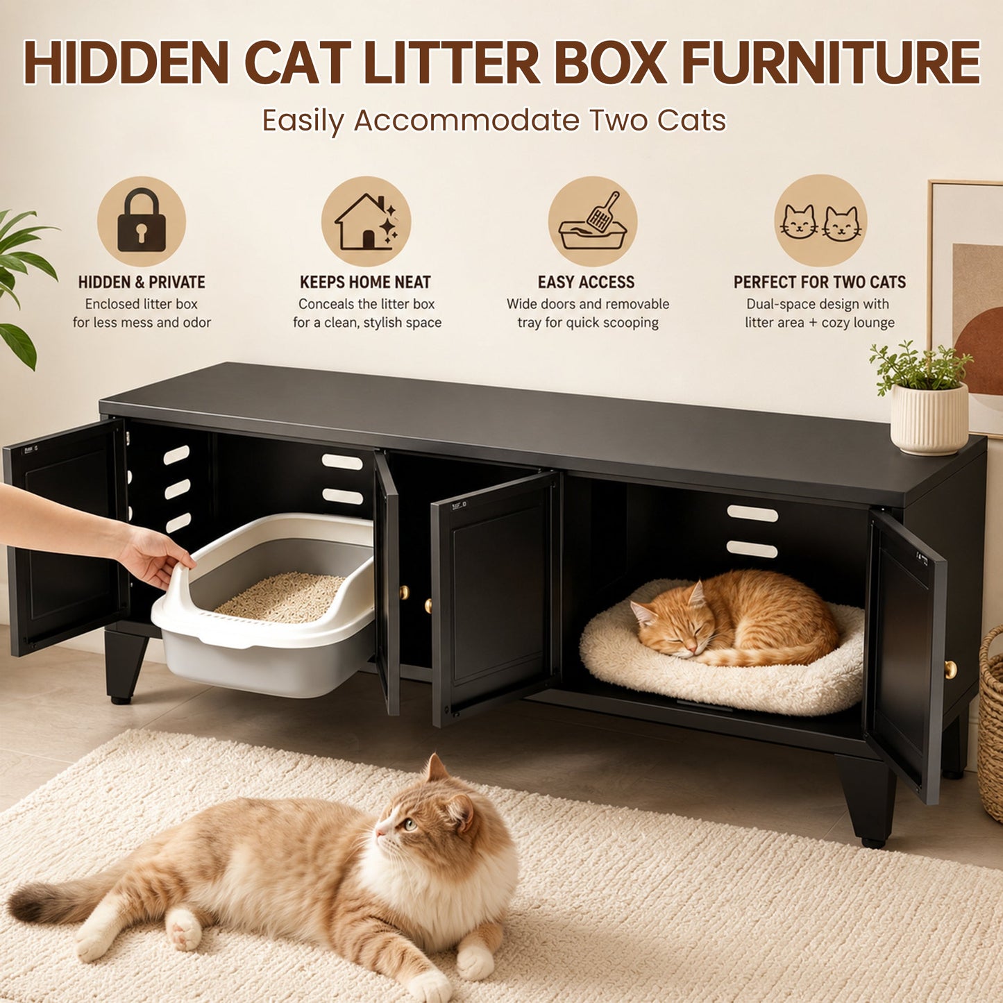 58in metal cat litter box enclosure in black finish by HouseOfZazla with dual compartments on Tampa Home & Garden Store