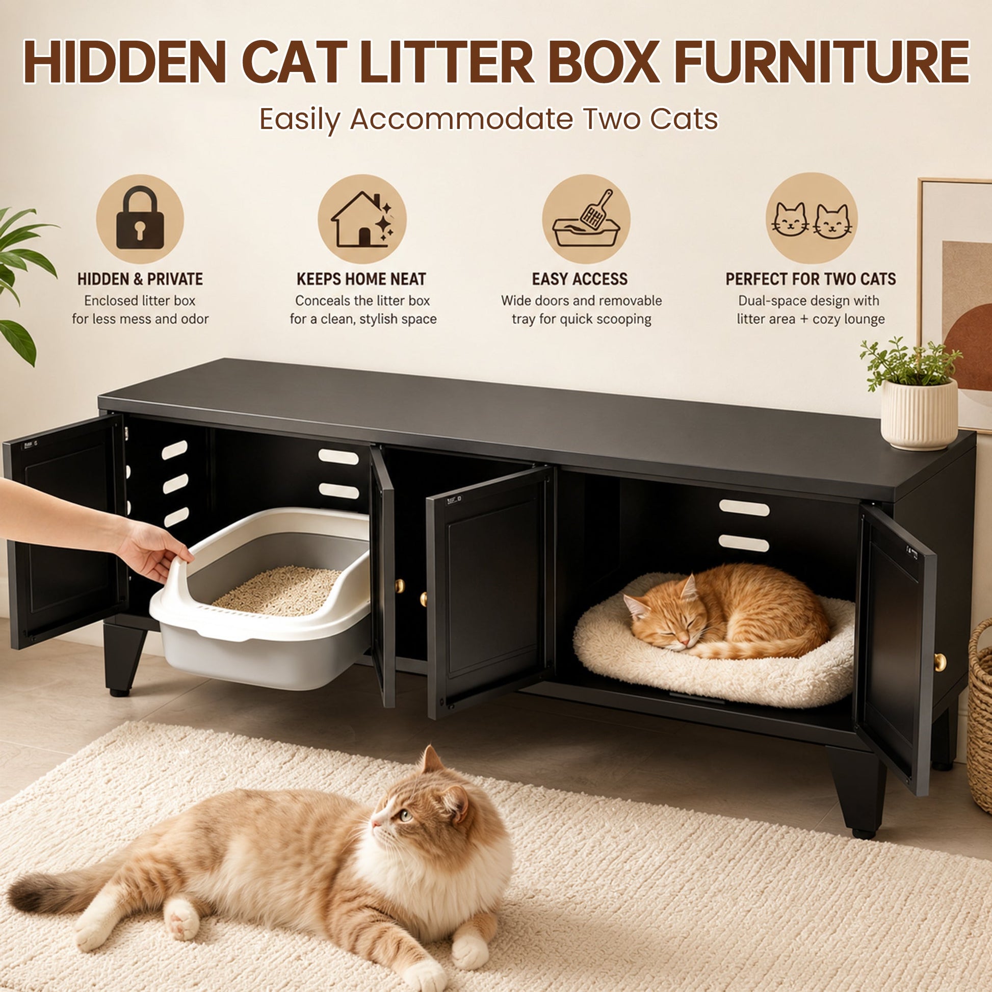 58in metal cat litter box enclosure in black finish by HouseOfZazla with dual compartments on Tampa Home & Garden Store