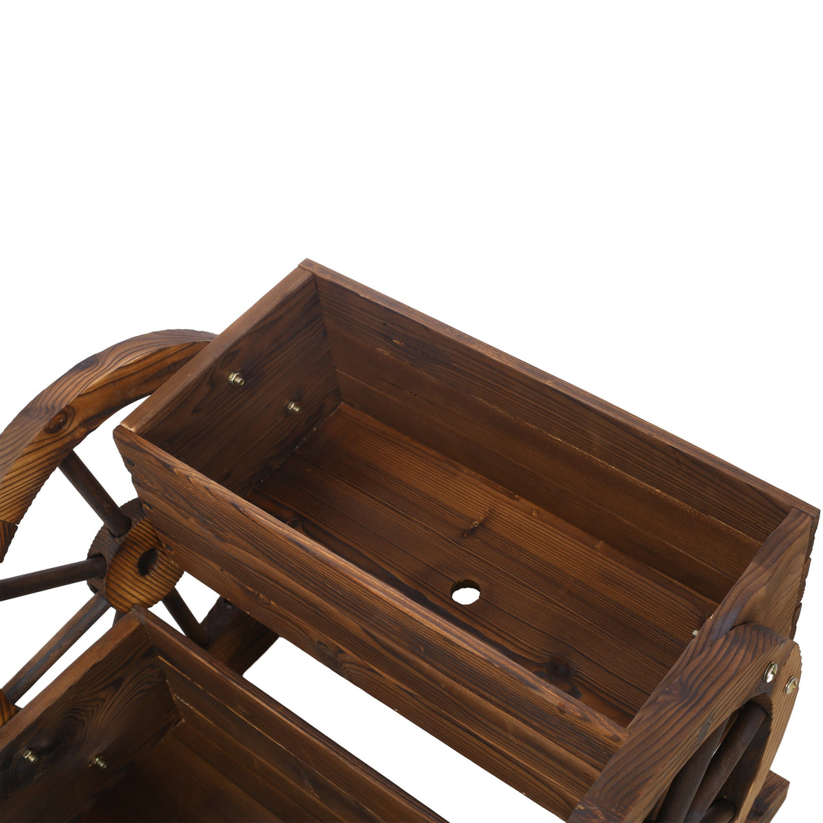 Wooden wagon planter box with wheels, brown-stained pine, outdoor planter on Tampa Home & Garden Store