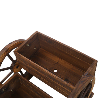 Wooden wagon planter box with wheels, brown-stained pine, outdoor planter on Tampa Home & Garden Store