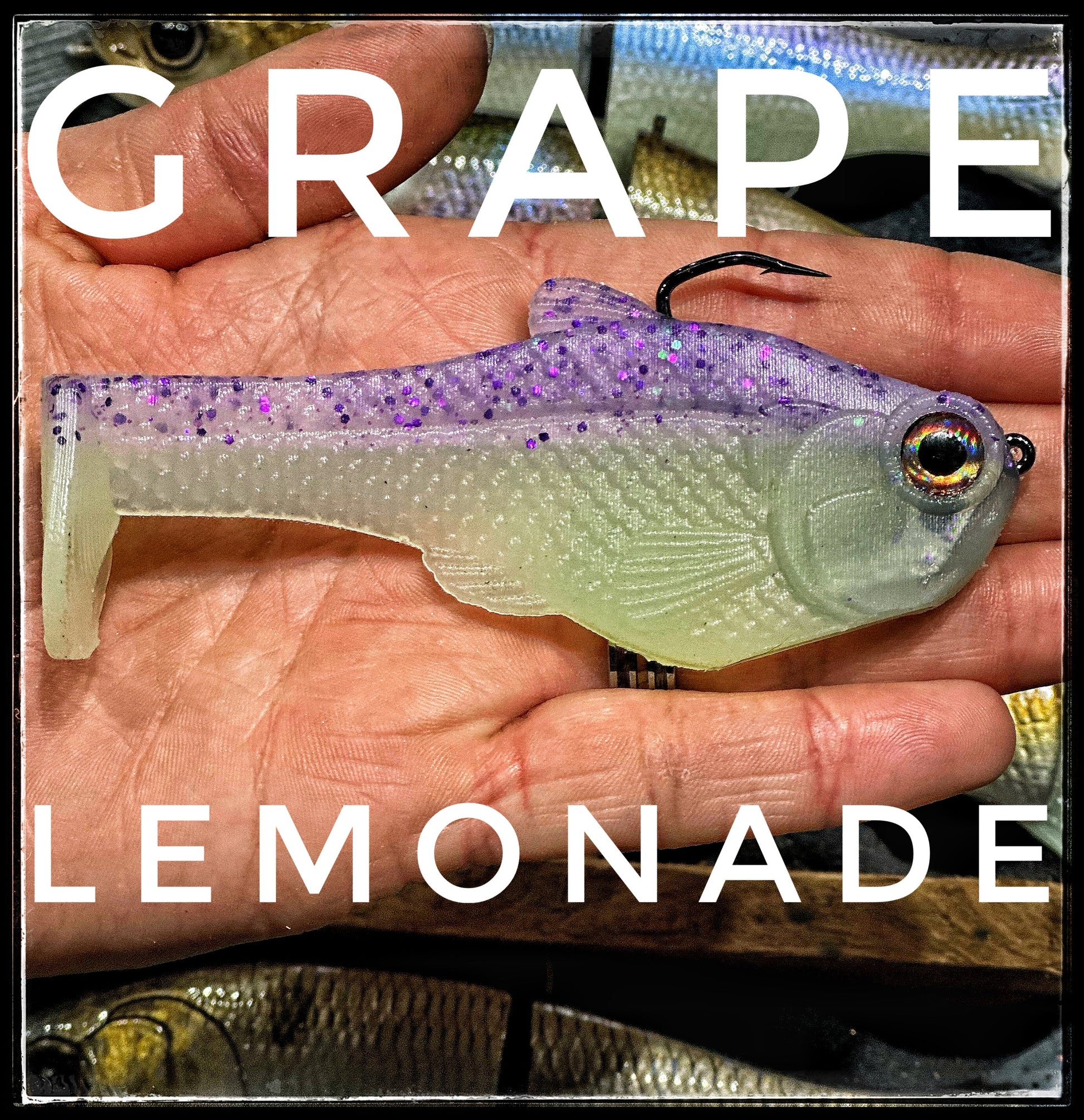 4.5 inch Nacho boot-tail soft swimbait by Bull Shad Swimbaits in grape lemonade glitter on Tampa Home & Garden Store
