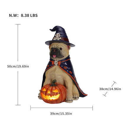 Halloween Bulldog Witch Statue LED light up jack-o-lantern pumpkin blue witch hat HouseOfZazla on Tampa Home & Garden Store