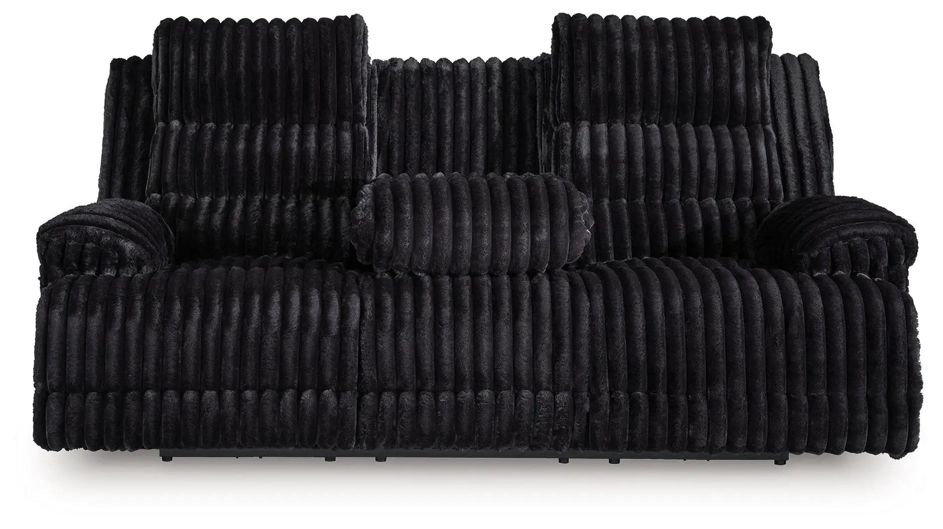 Rhine Falls Onyx reclining power sofa with black ribbed plush upholstery and bolster pillow on Tampa Home & Garden Store