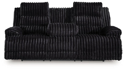 Rhine Falls Onyx reclining power sofa with black ribbed plush upholstery and bolster pillow on Tampa Home & Garden Store