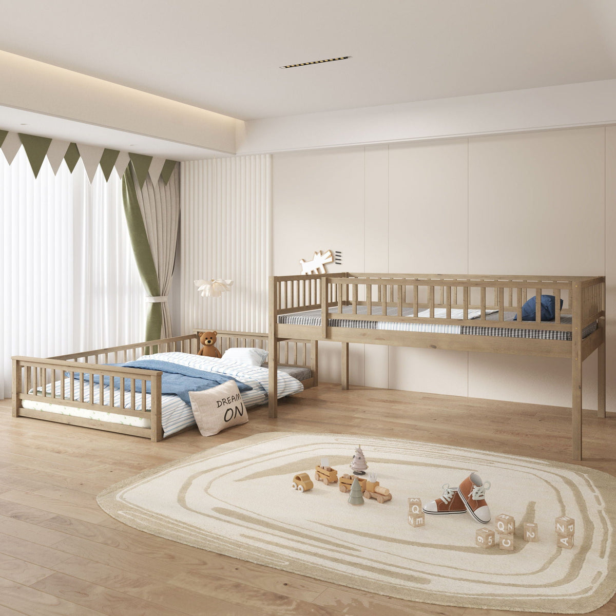 Bunk bed with ladder and guardrails in natural wood, twin-over-twin setup in a bright nursery on Tampa Home & Garden Store