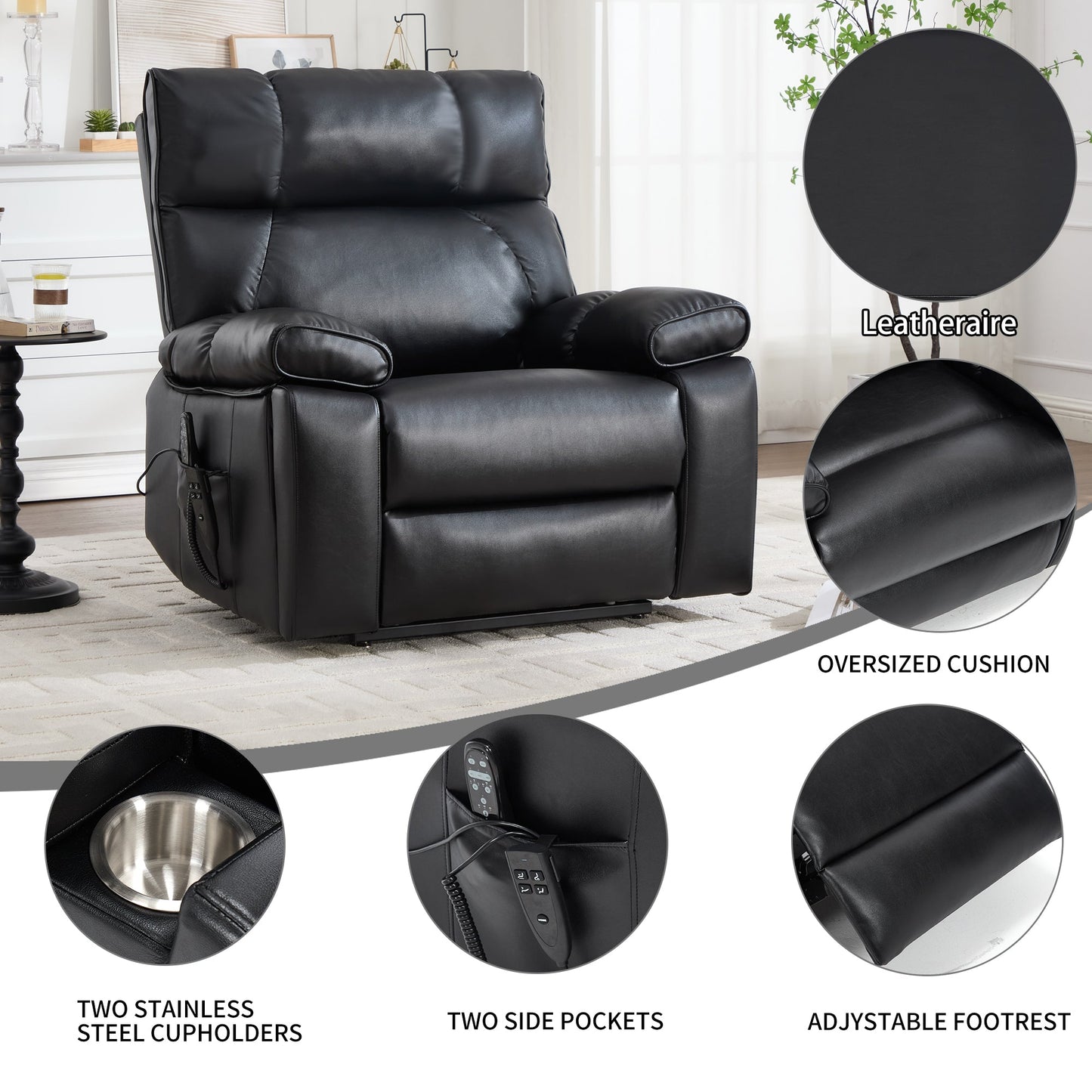 HouseOfZazla Black Leatheraire Heat Massage Recliner in black leather with cushioned headrest on Tampa Home & Garden Store
