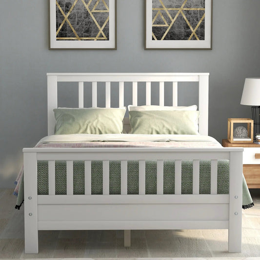Full-size wooden platform bed with white finish, headboard and footboard on Tampa Home & Garden Store