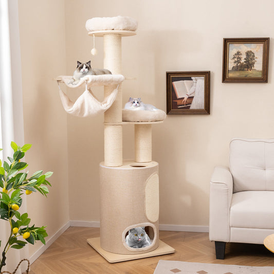74 Inches Tall Wooden Cat Tower Tree with 2-Story Cat Condo and Washable Cushions-Natural - Tampa Home & Garden Store