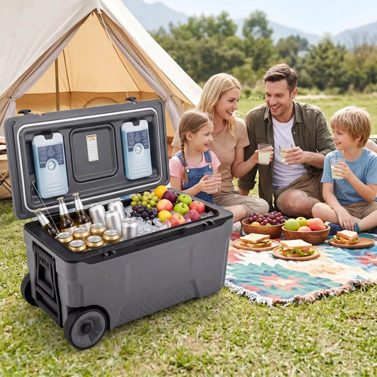 74-quart DirectDeals rolling cooler with wheels, gray lid open with drinks and fruit on Tampa Home & Garden Store